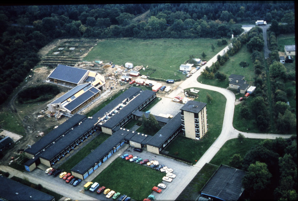 Historical photo of Monks Wood research station from the air